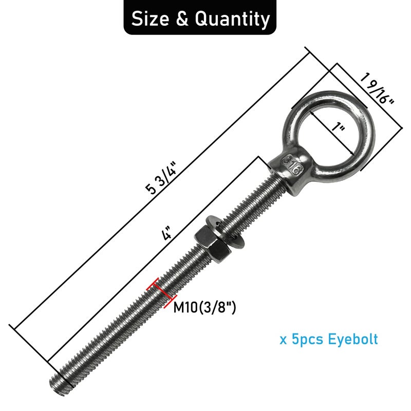 CUKAYO Eye Bolts, 5pack 3/8" X 4" Heavy Duty Shoulder Lifting Ring Threaded Eyebolts with Nuts Washers 316 Stainless Steel Marine Grade Eyebolt - Image 2